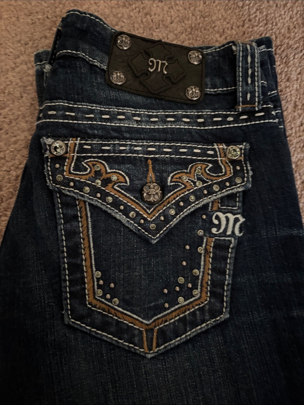 Miss Me Dark Indigo Bootcut Jeans with Gold Embroidery and Studs